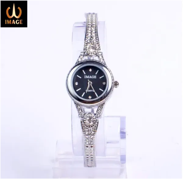 Image Color Fancy Ladies Watches- Stone Strap ( Silver & Black )